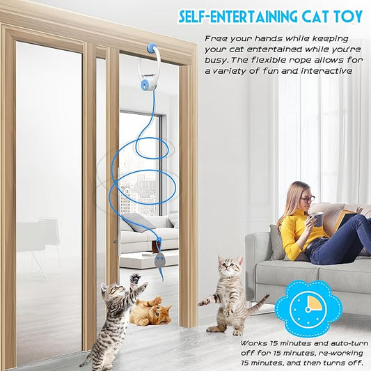Cat Toy Interactive for Indoor Cats, Smart USB Rechargeable Door Hanging Automatic Retractable Kitten Toys, Teaser Electronic Self Play Feather Cat String Toy Attached with 3 Catnip Mice White
