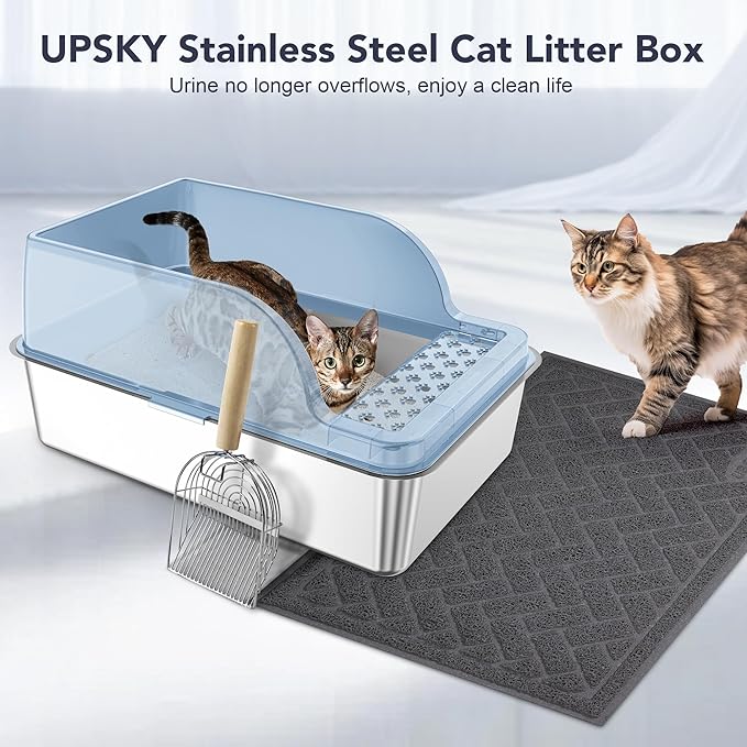 UPSKY Stainless Steel Cat Litter Box with Lid, XL Large Metal Litter Box for Large Breeds, Enclosed Kitty Litter Pan with High Sides, Leak-Proof & Non-Stick, Easy to Clean, Scoop and Mat Included