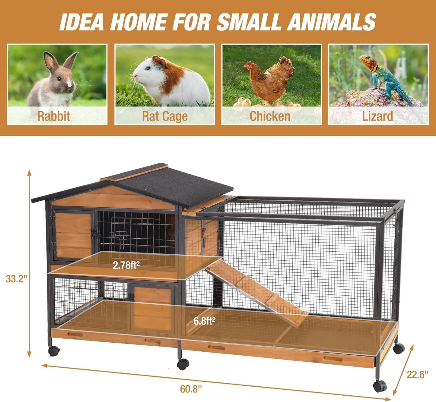 Rabbit Hutch Bunny Cage Strong Iron Frame Rabbit Cage Indoor and Outdoor Chicken Coop with Casters Waterproof Roof, Great for Rabbit,Bunny,Guinea Pig,Chickens.