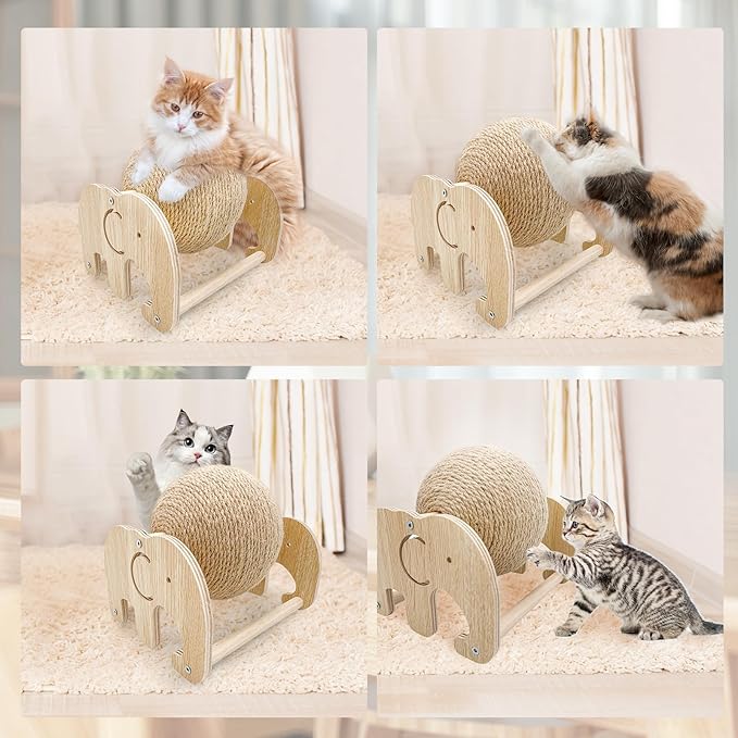 Cat Scratcher Toy, Natural Sisal Cat Scratching Ball with Stable Stand, Spinning Cat Ball Interactive Exercise Toy for Cats & Kittens