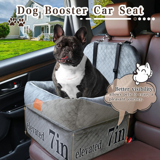 Dog Booster Car Seat with 7 Inches of Interior Height,Elevated Pet Car Seat for Small/Medium Sized Dogs,Puppy Portable Car Seat,Washable Removable Cover Travel Safety Car Seat,Easy to Use(H-Grey)