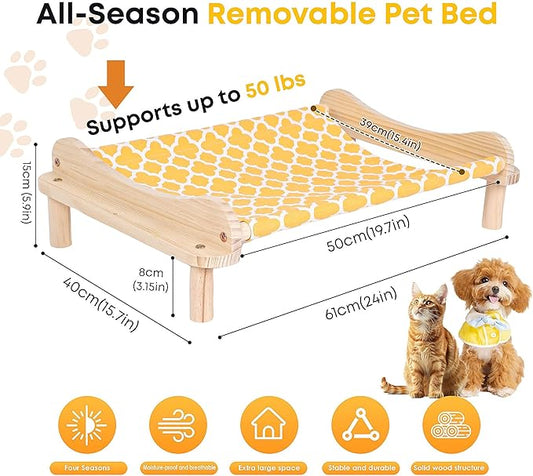 Elevated Wooden Cat Bed – 24"x15.7"x5.9" Breathable Hammock Pet Bed for Indoor/Outdoor Use, Raised Dog Lounger for Small Pets Like Kittens, Puppies, Rabbits, and Bunnies(Orange-1)
