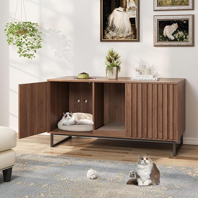 Cat Litter Box Enclosure for 2 Cats, 47.6’’ Litter Box Furniture Hidden with Scratch Pad, Double Room Large Cat Cabinet, Indoor Pet House TV Stand Side Table,Cats Washroom, Brown