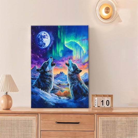 Wolf Wall Art Wolves Canvas Wall Decor Prints Framed Painting Aurora Pictures Gifts Artwork for Bathroom Bedroom Living Dining 16"x24"