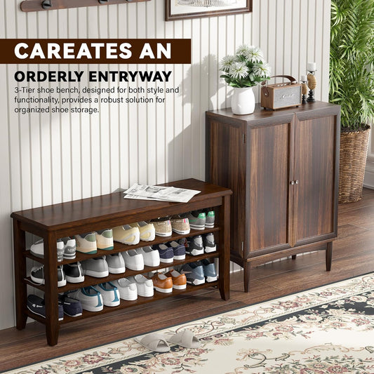 Shoe Bench Storage Rubberwood, Entryway Bench with 3-Tiers Height Adjustable, Shoe Rack Front Door Entrance Organizer for Hallway Living Room, Mudrooms, Walnut,39.4"