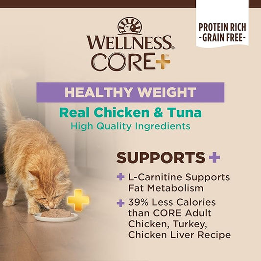 Wellness CORE+ Healthy Weight Pate Adult Wet Cat Food, Natural, Protein-Rich, Grain Free, 2.8 Ounce, 12 Pack (Chicken & Tuna)