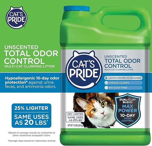 Cat's Pride Max Power: Total Odor Control - Up to 10 Days of Powerful Odor Control - Strong Clumping - Hypoallergenic - 99% Dust Free - Multi-Cat Litter, Unscented, 15 Pounds