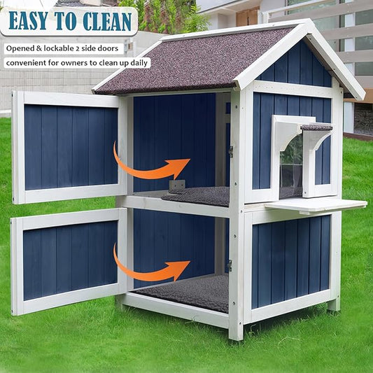 Rockever Outdoor Cat House, 2 Story Outdoor Houses for Feral Cats Wooden Outside Cat Shelter Weatherproof with Escape Door