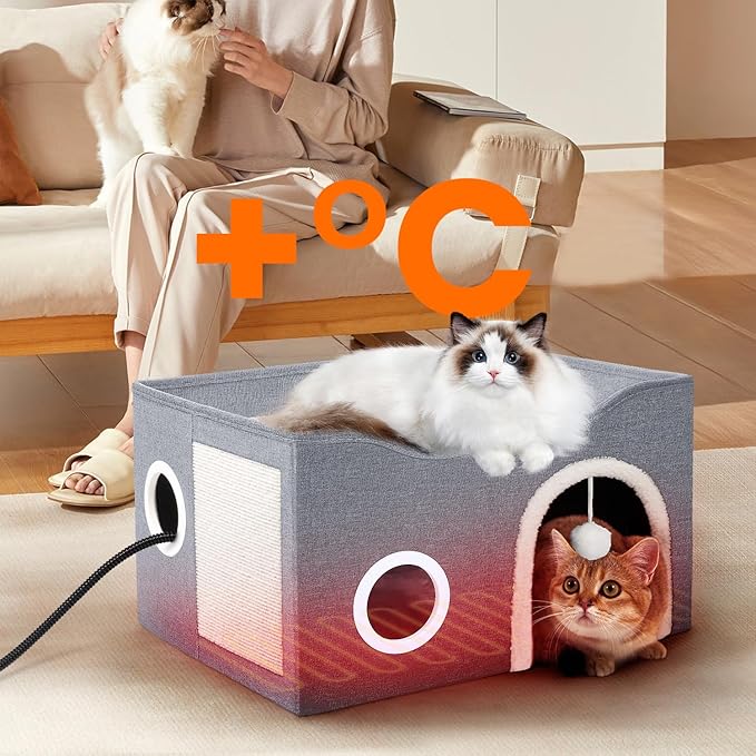 Indoor Heated Cat House, Adjustable Temperature Cat Heating Bed with Timer and Chew Resistant Cord, Large Cat House with Heating Pad for Small Medium and Large Cats