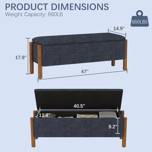 Modern Storage Benches with Walnut Wood Legs, 47'' Ottoman Bench with 20 Gallons Storage Space for Bedroom End of Bed, Fabric Upholstered Entryway Bench with Seating for Livingroom, Blue