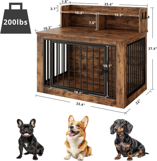 IRONCK Dog Crate Furniture, 33.4 inches Wooden Small Dog Crate with Storage and 4 Hooks, Heavy Duty Pet Crate for Small Dog, Decorative Pet Cage for Indoor (22" L x 33.4" W x 37.4" H)