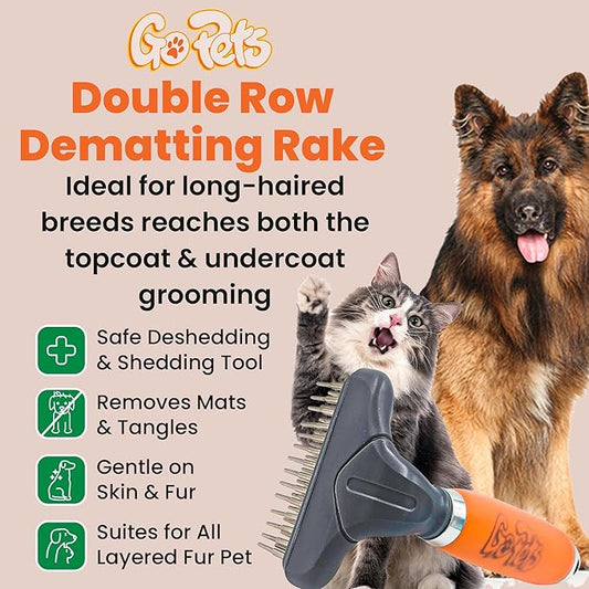 GoPets Double Row Dematting Rake, Undercoat Grooming Tool for Thick and Long Coat Pets, Ideal for Sensitive Skin, Reduces Breakage, Supports Daily Shedding Control, Detangler for Dogs and Cats