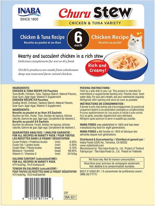 INABA Churu Stew for Cats, Side Dish Pouch with Vitamin E, 1.4 Ounces per Pouch, 12 Pouches, Chicken & Tuna Variety
