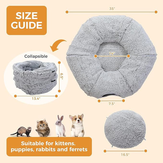 PEQULTI Cat Tunnel with Bed for Indoor Cats, Cat Play Donut Tunnel with Washable Soft Plush Mat, Round Cat Tunnel Toys Cute Cat Tube for Kittens, Puppies, Rabbits and Ferrets, Grey