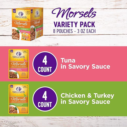 Wellness Healthy Indulgence Morsels Adult Wet Cat Food, Natural, Protein-Rich, Grain-Free, 3 Ounce Pouch, 8 Pack, (Morsels Variety Pack)