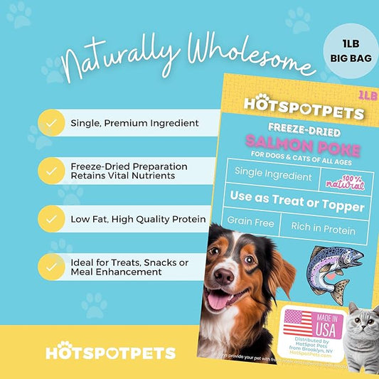 hotspot pets Freeze Dried Salmon Treats for Cats & Dogs -Made in USA-1LB Resealable Big Bag -Single Ingredient, High Protein, All Natural Grain-Free- Perfect for Training, Topper or Snack