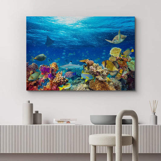 wall26 Canvas Print Wall Art Vibrant Sunshine Ray Coral Reef Turtle Fish Nature Animals Photography Realism Rustic Scenic Landscape Wilderness Colorful for Living Room, Bedroom, Office - 32"x48"
