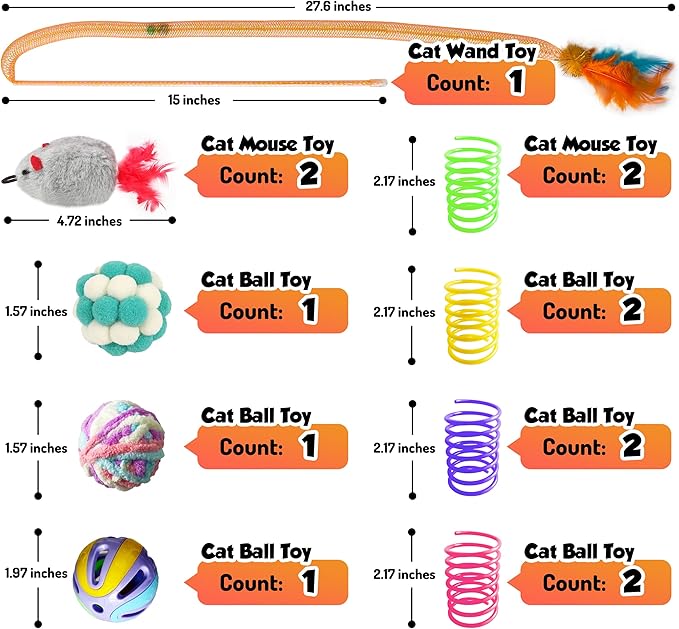 Cat Toys Set for Indoor Cats – 14PCS Cat Toys with Teaser Wand, Mouse, Ball, Spring Toys for Kittens, Interactive Cat Teaser Toys for Bored Cats Exercise and Play