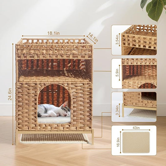Cat Litter Box Enclosure Furniture - Handwoven Rattan Hidden Litter Box Enclosure with Mat, 24.6 x 18.1 x 14.1 Inches Hidden Cat House for Living Room, Bedroom Natural