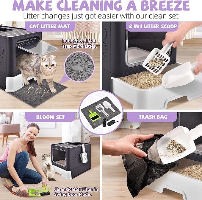 Cat Litter Box with Litter Mat, Foldable Extra Large Free in and Out/One-Way with Lid, Drawer Type Enclosed Kitty Litter Box,Odor Control Anti-Splashing Easy Cleaning (Purple)