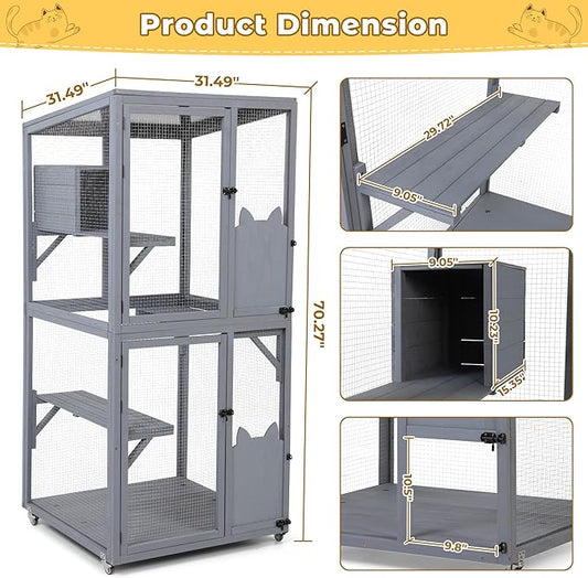 COZIWOW Catio Outdoor Cat Enclosure Window Access, Outdoor Cat House with Wheels, Cage for Cats Indoor(Grey, Medium)
