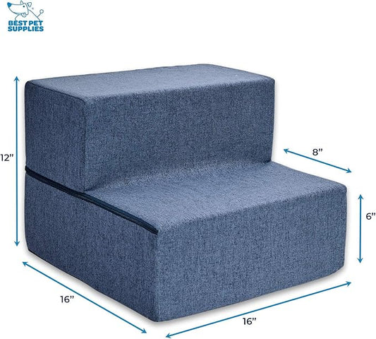 Best Pet Supplies Dog Stairs & Steps - Foam Steps for Small Dogs & Cats, Non-Slip Indoor Balanced Pet Step Support, Dog Ramp, No Assembly, Navy Blue, Foldable 2-Step (12-inch Height)