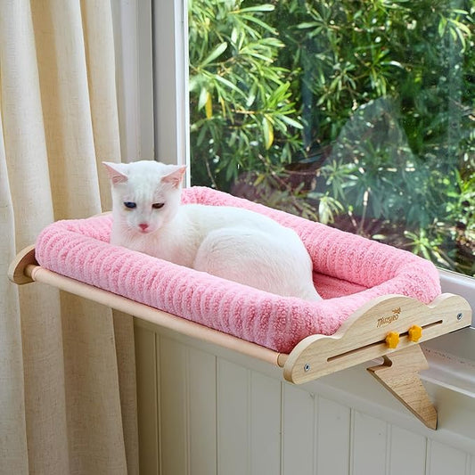 Large Hanging Cat Window Perch & Seat - Sturdy Solid Wood Frame, Easy to Adjust Hammock Bed with Padded Enclosure | for Windowsill & Shelf | Beds for Inside Cats, Indoor Cats & Small Dogs