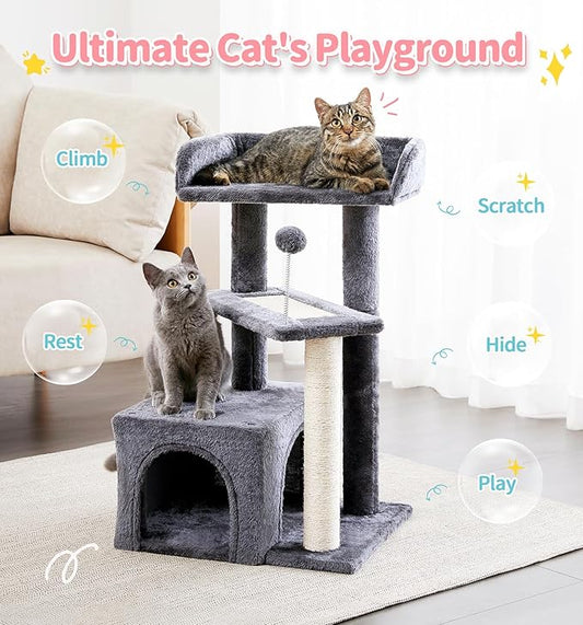 Made4Pets Cat Tree, Multi-Level Small Cat Tower for Indoor Cats, 29" Tall Cute Kitten Scratcher Condo with Sisal Scratching Post and Pad Steps, Plush Cat Cave with Pom-Pom for Small Kitty, Dark Grey