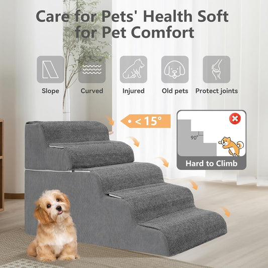 𝟱 𝗦𝘁𝗲𝗽𝘀 Dog Stairs for High Beds, 21.3" Tall Pet Steps for Small to Large Dogs & Cats, Waterproof with Removable Cover & PE Support Board for Bed, Couch, or Car