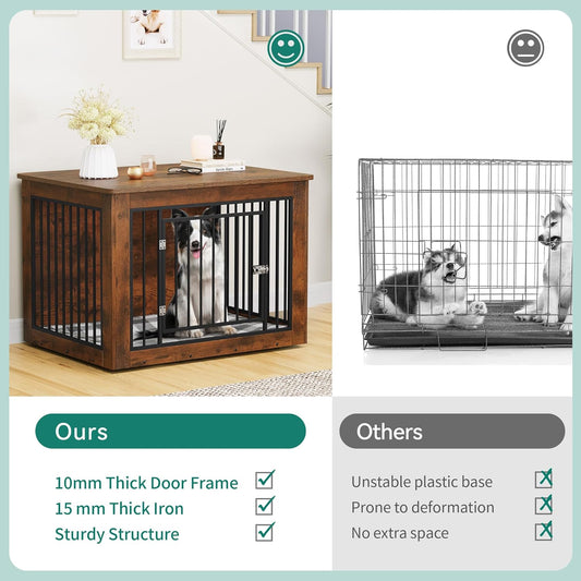YITAHOME Dog Crate Furniture for Large Dogs, Side End Table, Modern Dogs Kennel Indoor up to 60 lb, 2-in-1 Iron-Wood Fusion Dog Cage with Waterproof Top, Safety Corners, Steel Lock,38"L, Rustic Brown
