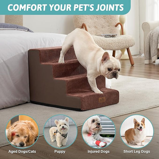 Dog Stairs for Small Dogs, 4 Tier Wider Pet Stairs for Couch and Beds, 17.7" H Non-Slip Dog Steps for Old Cats, Puppy, Small Medium Dogs, 17.7x23.6x17.7 inch, Brown