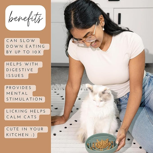 The Slowdown Bowl Silicone Slow Feeder for Cats & Kittens, Slow Eating Mealtime Solution with Modern Lick Mat Design, Reduces Gulping, Fits 1 Cup 6” Across x 1.25” Tall, Small-Tan
