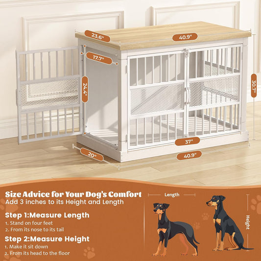 VOPEAK Dog Crate Furniture, Chew Resistant Dog Crate for Dogs, Heavy Duty Dog Crates Dog Kennel Cage Indoor with Double Doors, End Table for Bedroom Living Room (White, 40.9" L x 23.6" W x 30.7" H)