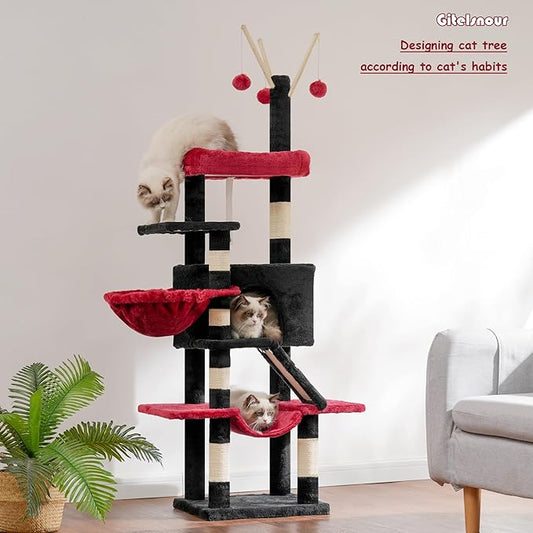 Cat Tree, Multi-Level Gothic Cat Tower for Indoor Cats, Cat Condo with Cat Scratching Post and Board, Cat Hammock, Black and Red GCT011BR