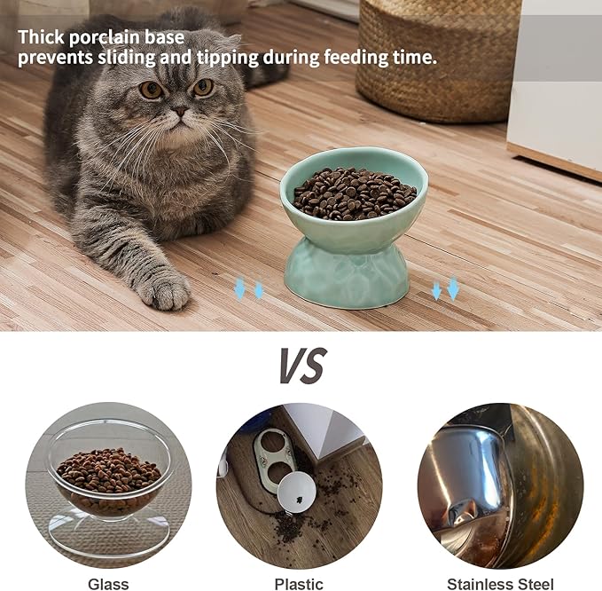 OMAYKEY Ceramic Raised Cat Bowls, Tilted Elevated Cat Food and Water Bowl Set, Porcelain Stress Free Pet Feeder Dish for Cats and Small Dogs, Dishwasher and Microwave Safe,Green, Set of 2