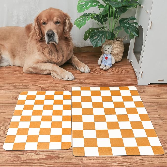 Ralxion Checkered Dog Feeding Mat, Absorbent Mats for Dog Food and Water Bowl, Dispenser, Aesthetic Purple Checkerboard Pet Placemat for Dogs, Cats, Puppy Accessories (Orange, 16 x 24)