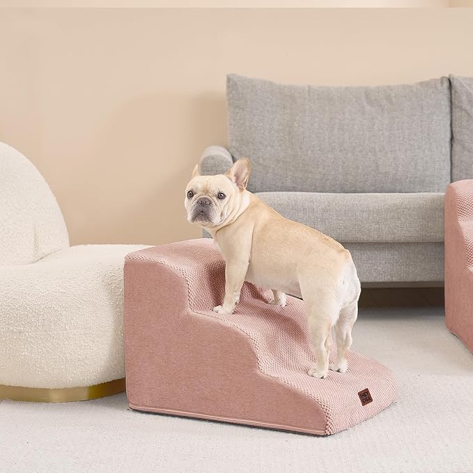 EHEYCIGA Curved Dog Stairs Ramp for Small Dogs 15.7" H, 3-Step Dog Steps for Couch Sofa and Chair, Pet Stairs for Cats, Non-Slip Balanced Pet Steps Indoor, Dusty Pink