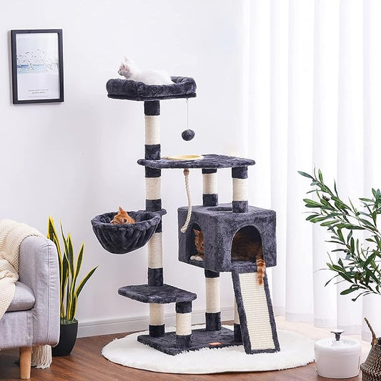 Heybly Cat Tree, Cat Tower for Indoor Cats with Scratching Board, Multi-Level Cat Furniture Condo with Feeding Bowl, Smoky Gray HCT010G