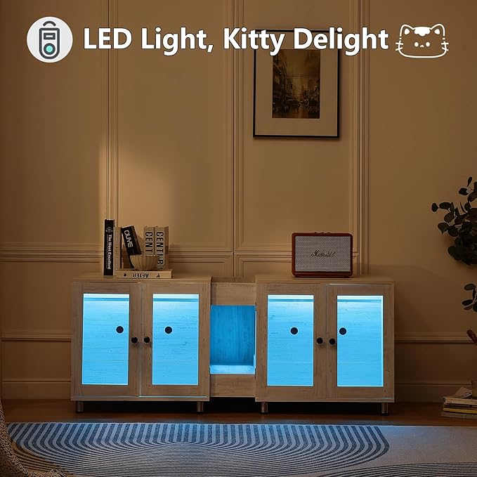 Double Cat Litter Box Enclosure for 2 Cats,Modern Double Litter Box Furniture with 7 Colors LED and Built-in Power Outlet,Large Cozy Cat Home,4 Glass Doors for Better Viewing, (White)