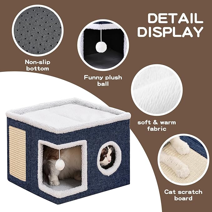 Cat Beds for Indoor Cats Houses, Large Cat Cave with Fluffy Ball and Scratch Pad, Foldable Cat House with Hideaway Tent for Kitten,Grey (SingleAB, Large)