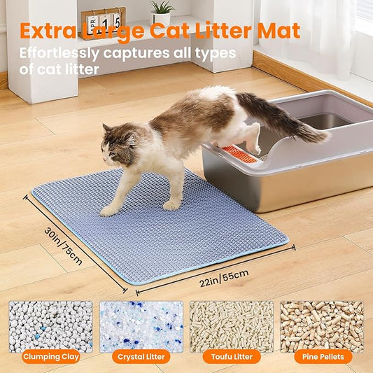 Extra Large Cat Litter Mat, 30x22 Inches Honeycomb Double Layer Cat Litter Trapping Mat, Non Slip Waterproof Urine Proof Large Kitty Litter Box Mat for Floor, Kitten Supplies, XL, Blue