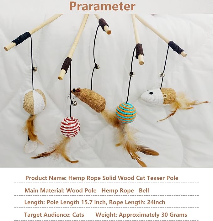 Cat Teaser Wand Toys with Feathers and Bells, Interactive Mouse and Bell Design,Interactive Toys 5-Piece Set for All Breed Sizes