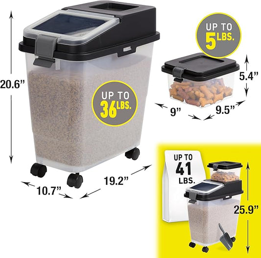 Mighty Tuff 3 Piece Airtight Dog Food Storage Container, Up to 36 lbs, with 5 lbs Dog Treat Container and Portion Scoop – BPA Free Airtight Pet Food Bin on Wheels