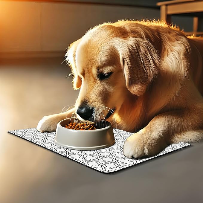 Lunarable Modern Pet Mat for Food and Water, Geometric Oriental Morrocan Design with Star Squares Lines Triangles Art Print, Non-Slip Rubber Mat for Dogs and Cats, 18" X 12", Off White