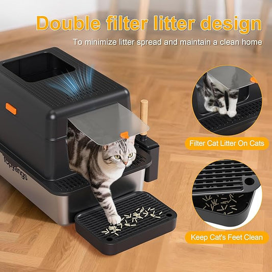 Enclosed Stainless Steel Litter Box with Lid, 20L Metal Enclosed Litter Box for Big Cat, Flip-Top Design with Anti-Leakage High Sides, Cat Lovers Gifts(Black)