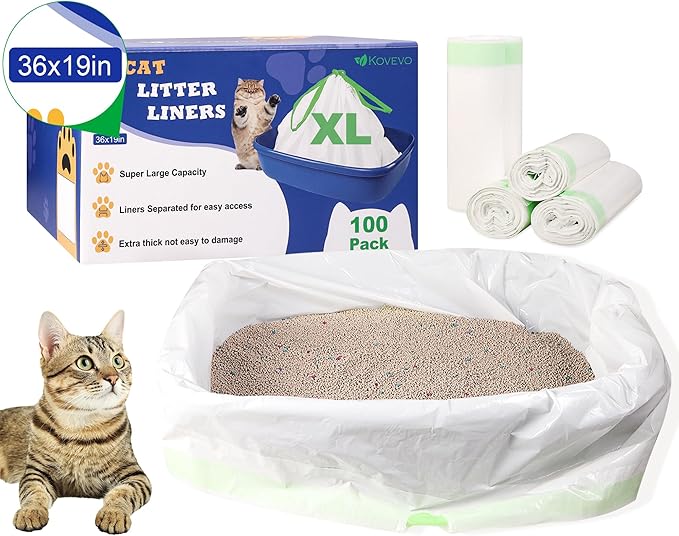 100 Pack Litter Box Liners Large - Extra Thick Jumbo Cat Litter Bags, 36"x19" Drawstring Large Cat Litter Liners for Litter Boxes, Easy Clean Up Kitty Litter Liner XL