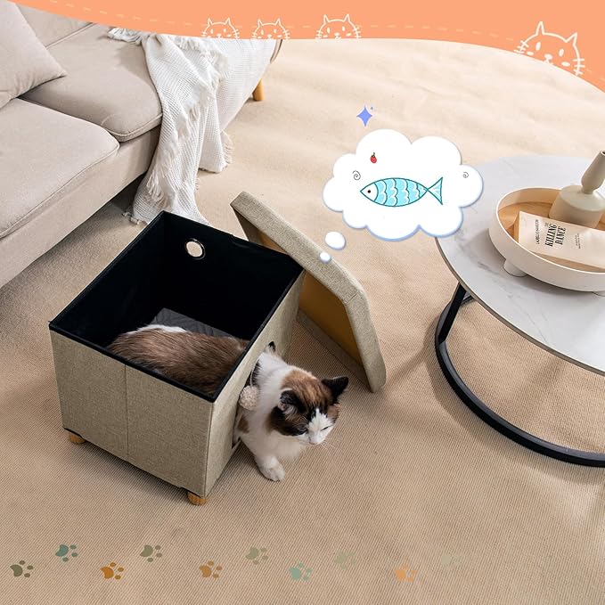 BRIAN & DANY Foldable Cat House for Indoor Cats, Large Cat Cube for Pet Cave with Scratch Board & Ball, 14.7" x 14.1” x 12.7”, Light Khaki