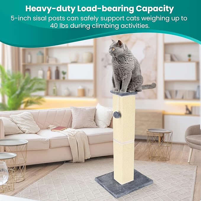 Cat Scratching Post 32 Inch for Indoor Large Cats and Kitten, Nature Sisal Tall Cat Scratch Post, Sisal Cat Scratcher Improve Cat's Scratching Habits and Protect Your Furniture, Grey