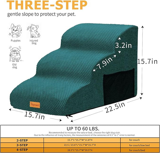 Topmart 3 Tiers Foam Dog Ramps/Steps,Non-Slip Pet Steps,Extra Wide Deep Dog Stairs,High Density Foam Pet Stairs/Ladder,Best for Older Dogs,Cats,Small Pets