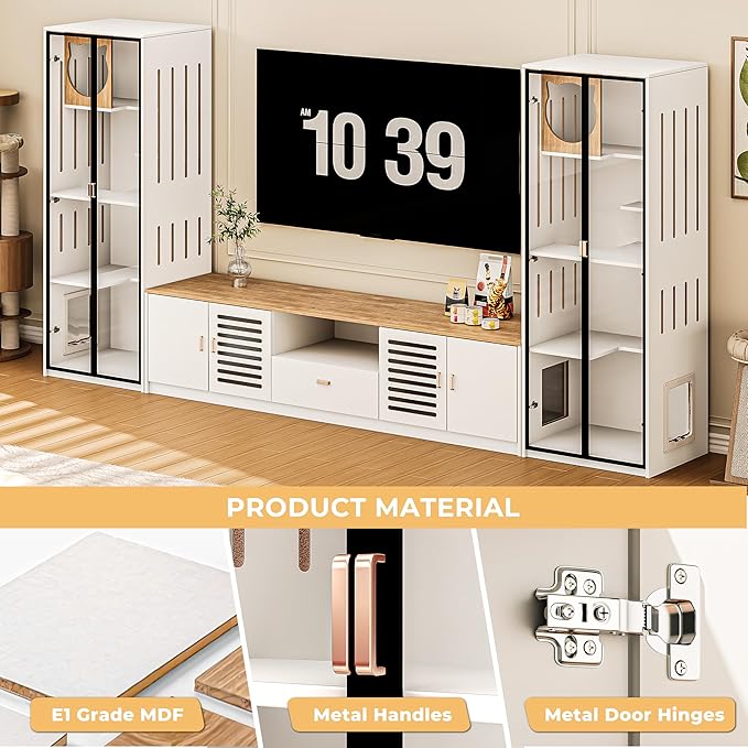 3-in-1 Cat Cabinet and TV Stand White Cat Climbing Furniture with Scratching Posts Pet Door, Modern Wooden Design with Storage and Drawer for Living Room